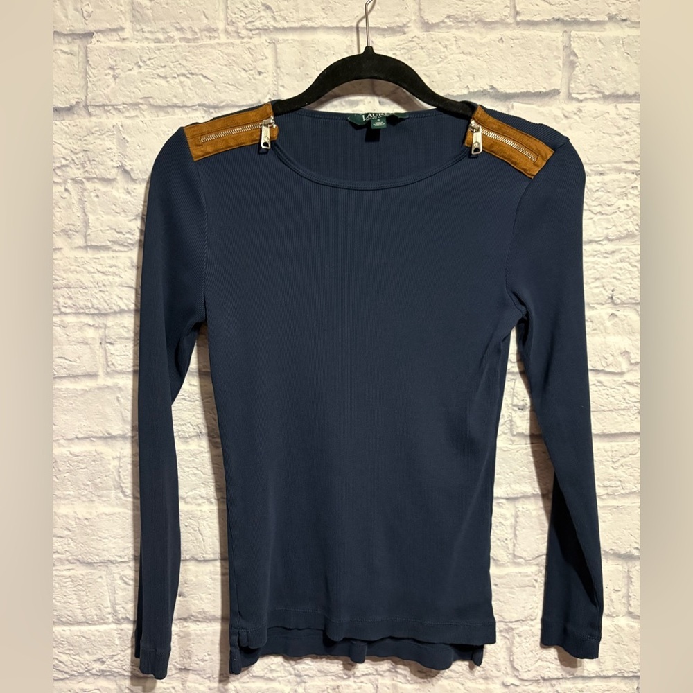 Lauren Ralph Lauren Navy Top with Tan Shoulder Accents Small